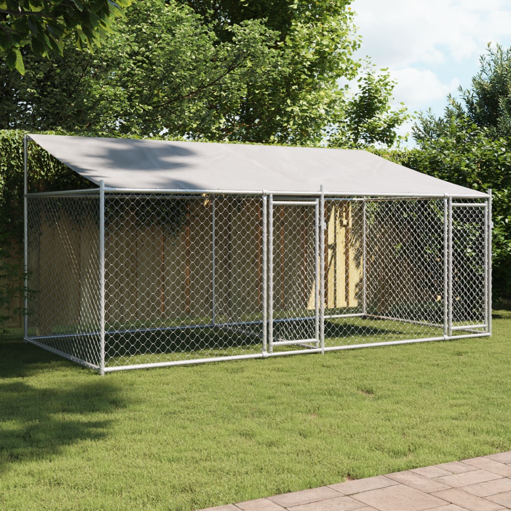 Hondenhok met dak en deuren 4x2x2 m gegalvaniseerd staal grijs - AllerleiShop