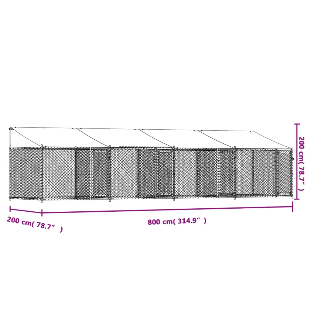 Hondenhok met dak en deuren 8x2x2 m gegalvaniseerd staal grijs - AllerleiShop