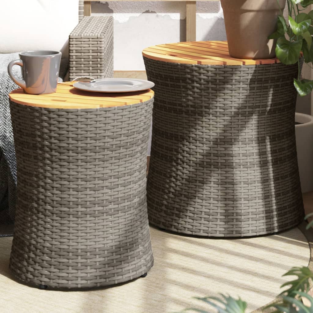 Tuinbijzettafels 2 st met houten blad poly rattan grijs - AllerleiShop