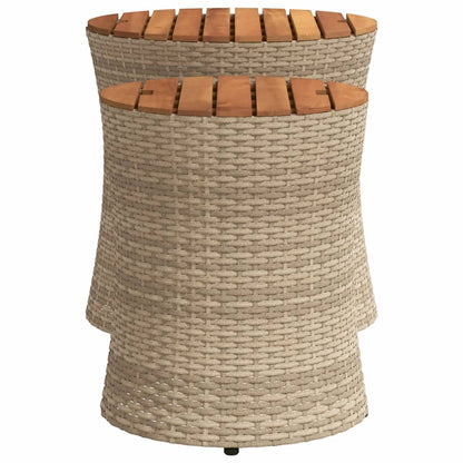 Tuinbijzettafels 2 st met houten blad poly rattan beige - AllerleiShop