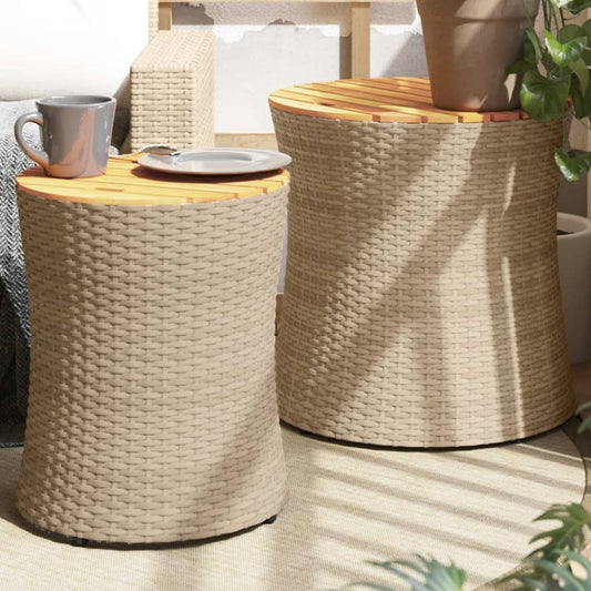 Tuinbijzettafels 2 st met houten blad poly rattan beige - AllerleiShop