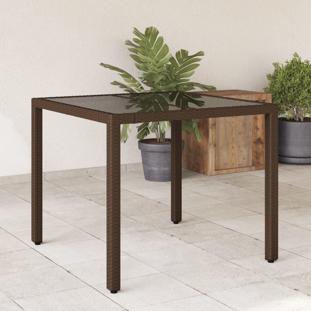 Tuintafel met glazen blad 90x90x75 cm poly rattan bruin - AllerleiShop