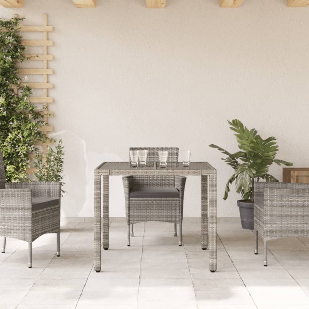 Tuintafel met glazen blad 90x90x75 cm poly rattan grijs - AllerleiShop