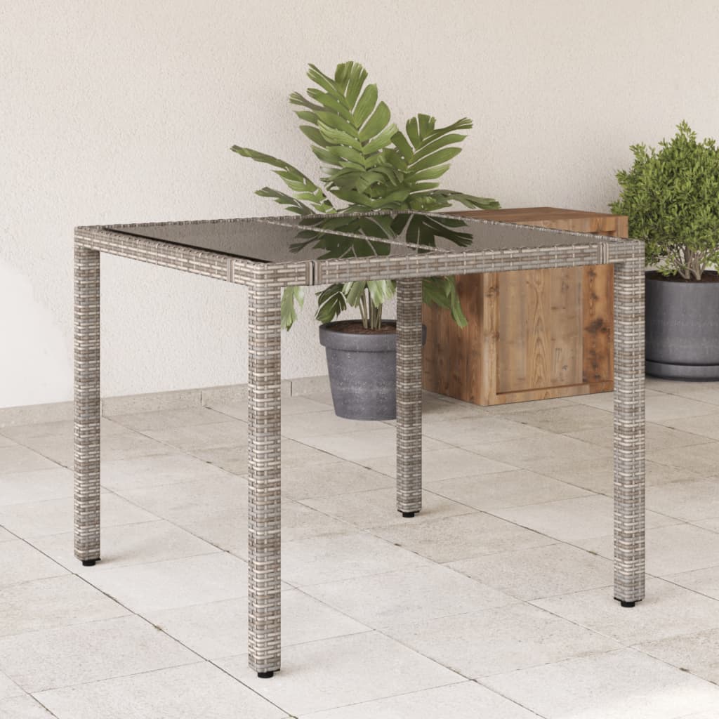 Tuintafel met glazen blad 90x90x75 cm poly rattan grijs - AllerleiShop