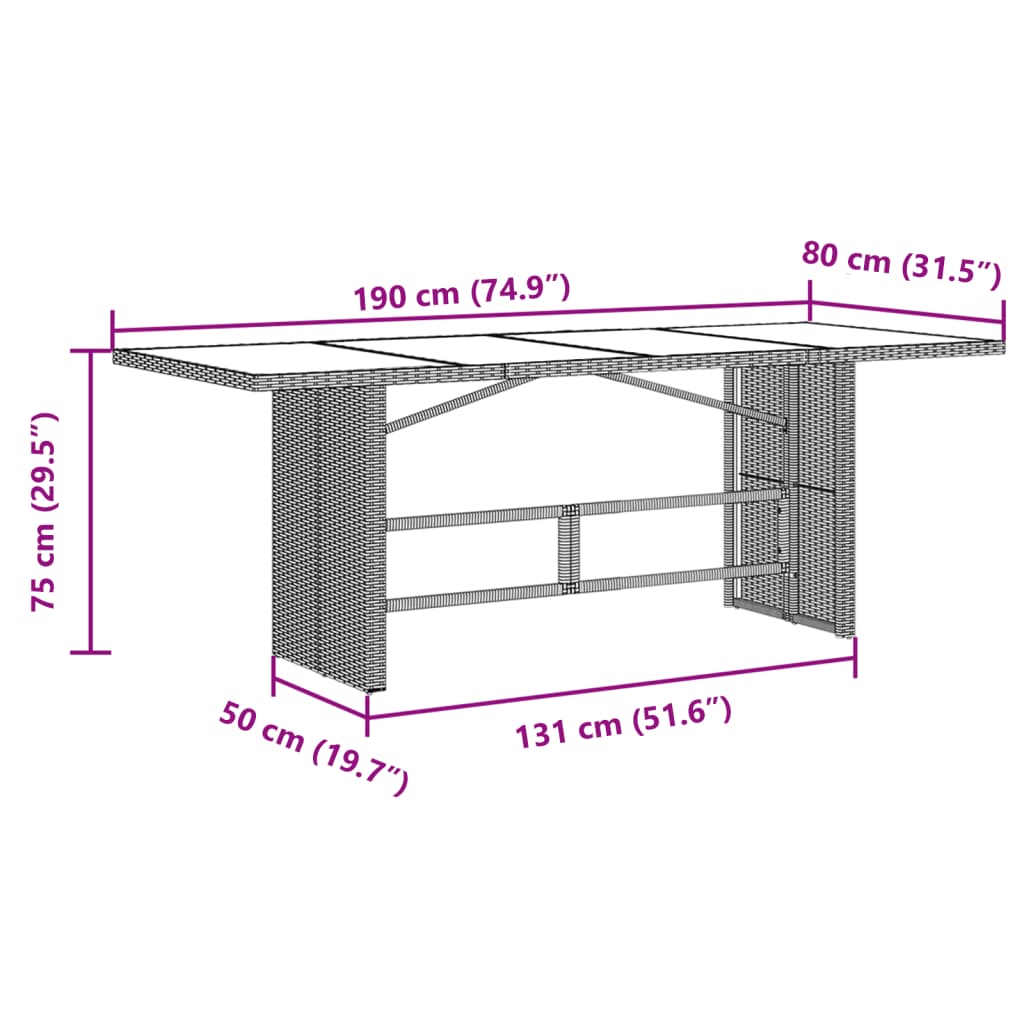 Tuintafel met glazen blad 190x80x75 cm poly rattan bruin - AllerleiShop