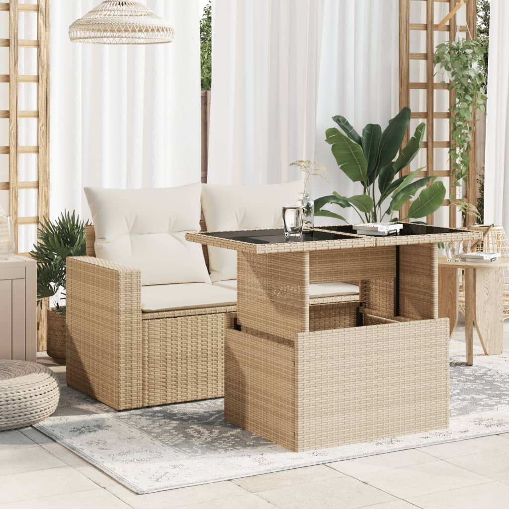 Tuintafel met glazen blad 100x55x73 cm poly rattan beige - AllerleiShop