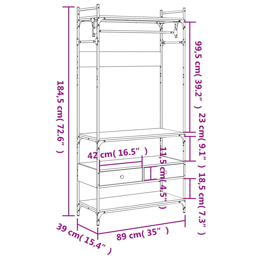 Kledingkast met lades 89x39x184,5 cm bewerkt hout gerookt eiken - AllerleiShop