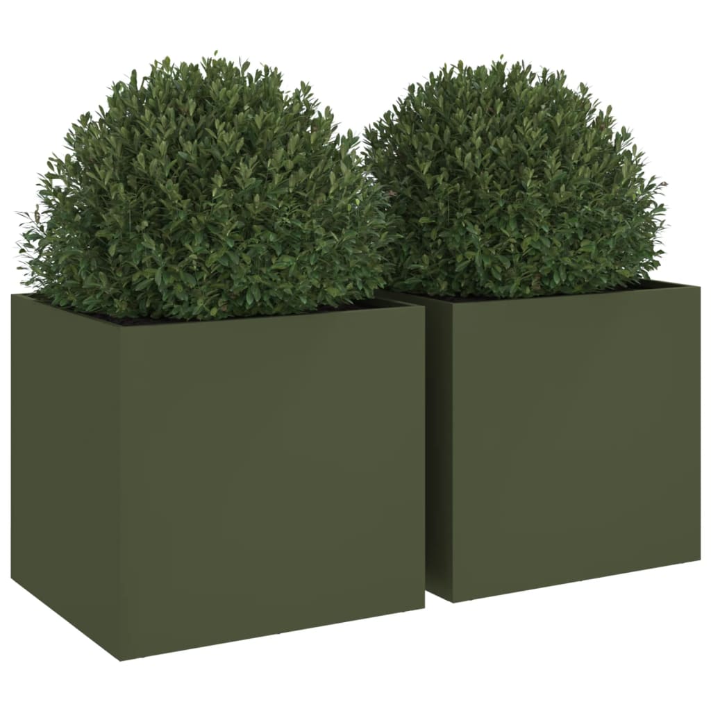 Plantenbakken 2 st 49x47x46 cm staal olijfgroen