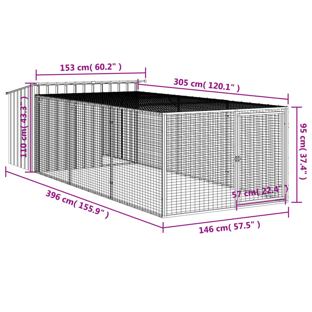 Hondenhok met ren 153x396x110 cm gegalvaniseerd staal antraciet - AllerleiShop