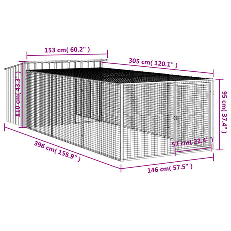 Hondenhok met ren 153x396x110 cm gegalvaniseerd staal antraciet - AllerleiShop