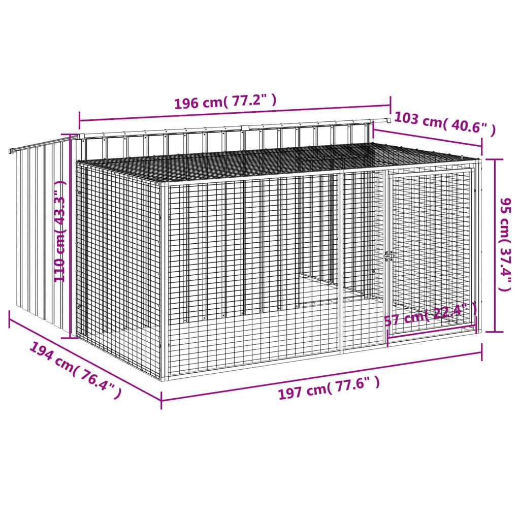 Hondenhok met ren 197x194x110 cm staal antracietkleurig - AllerleiShop