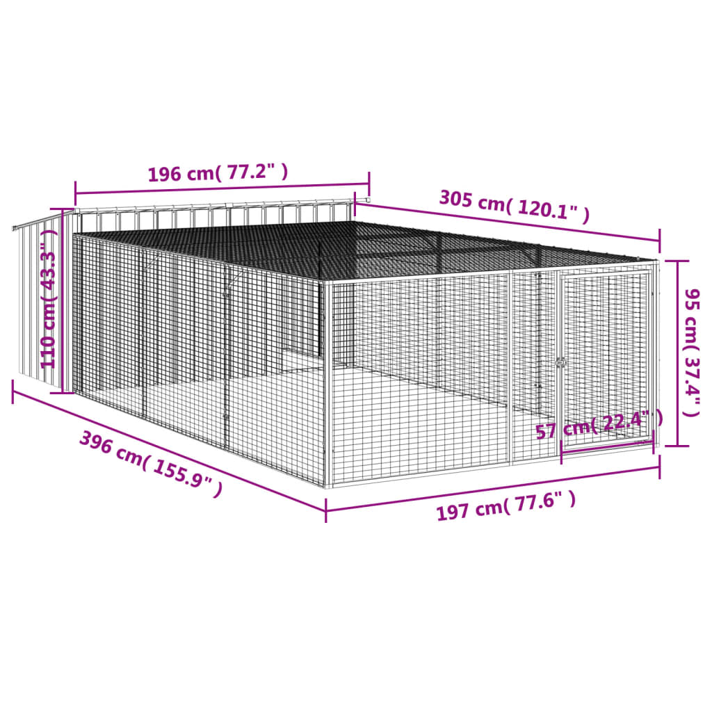 Hondenhok met ren 197x396x110 cm gegalvaniseerd staal antraciet - AllerleiShop