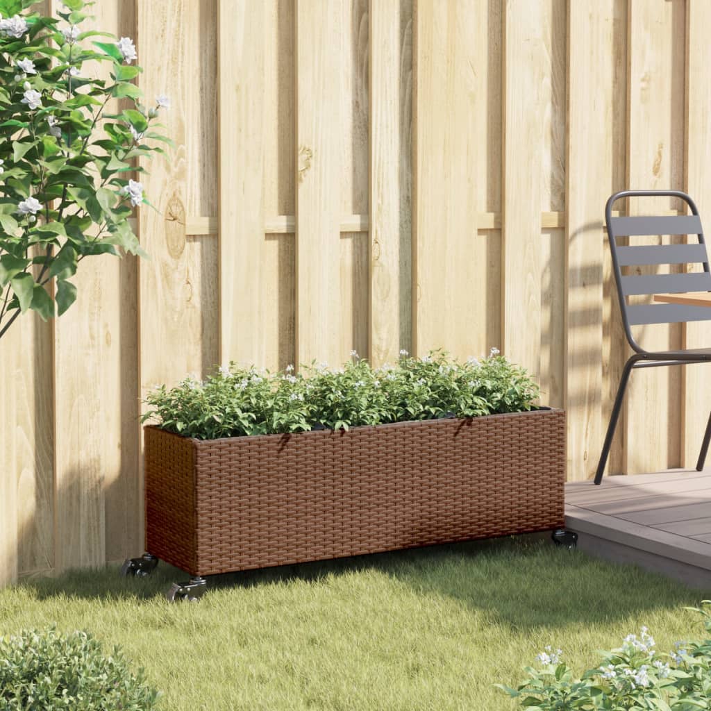 Plantenbak met wielen 3 potten 107x32x38 cm poly rattan bruin