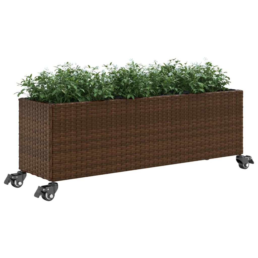 Plantenbak met wielen 3 potten 107x32x38 cm poly rattan bruin