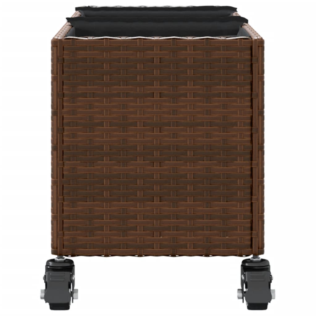 Plantenbak met wielen 3 potten 107x32x38 cm poly rattan bruin