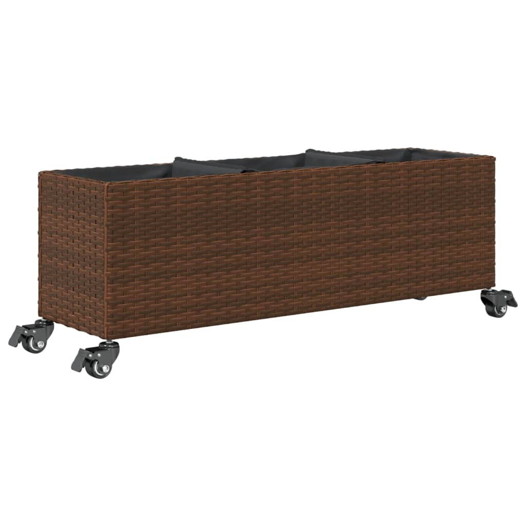 Plantenbak met wielen 3 potten 107x32x38 cm poly rattan bruin