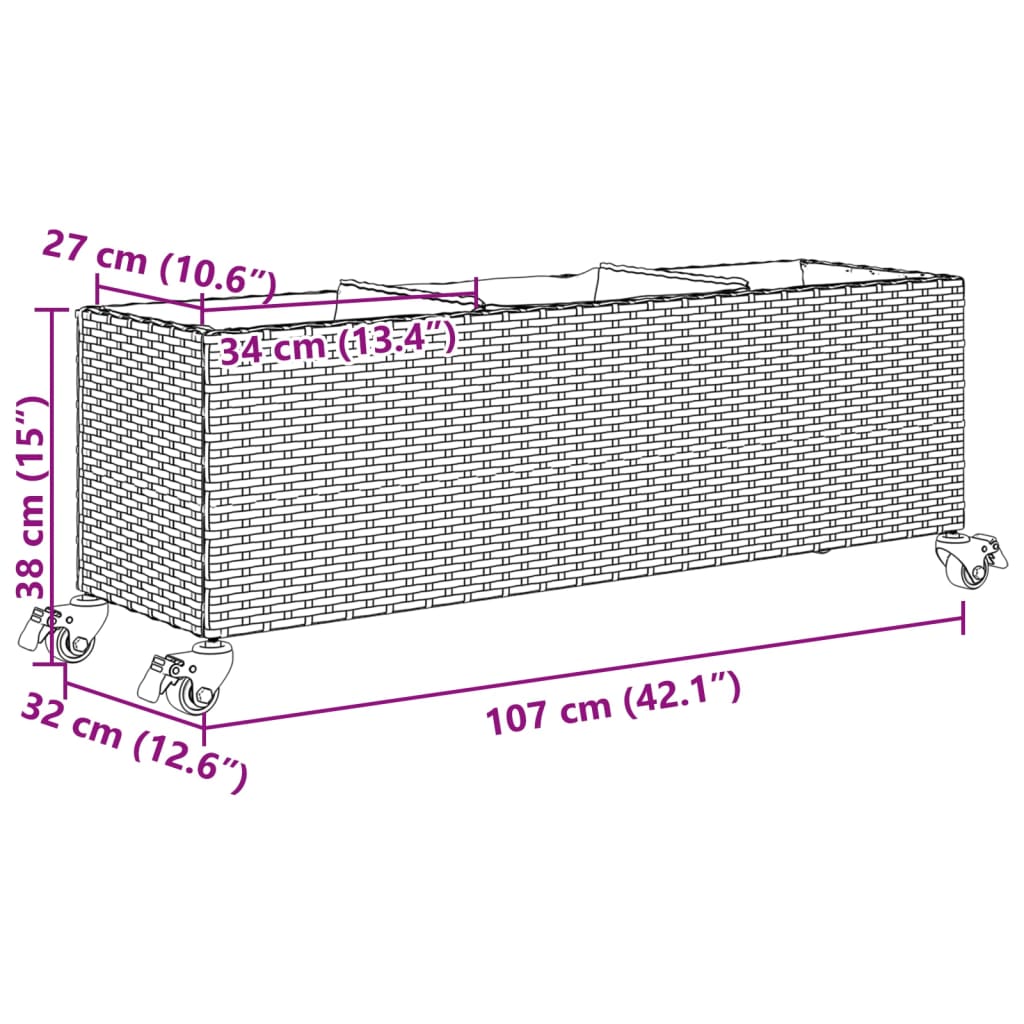 Plantenbak met wielen 3 potten 107x32x38 cm poly rattan bruin