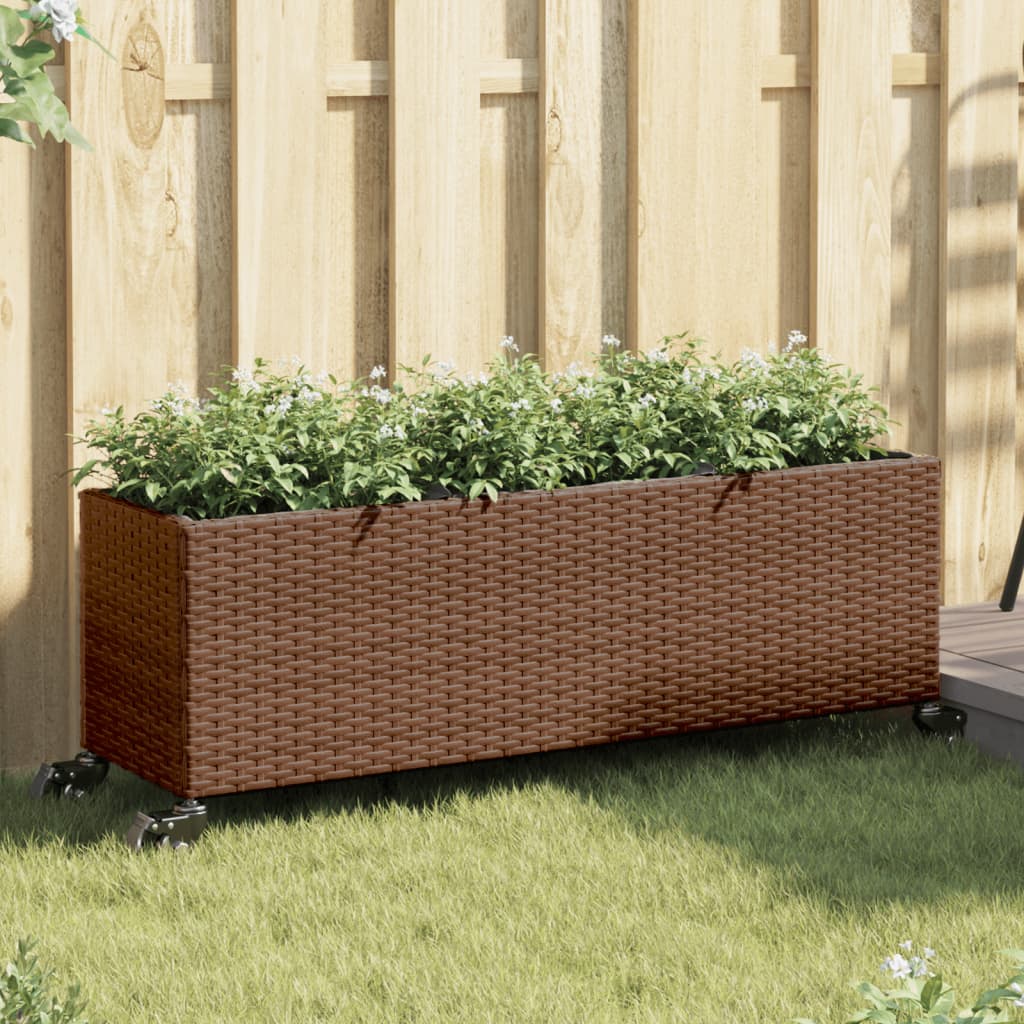 Plantenbak met wielen 3 potten 107x32x38 cm poly rattan bruin