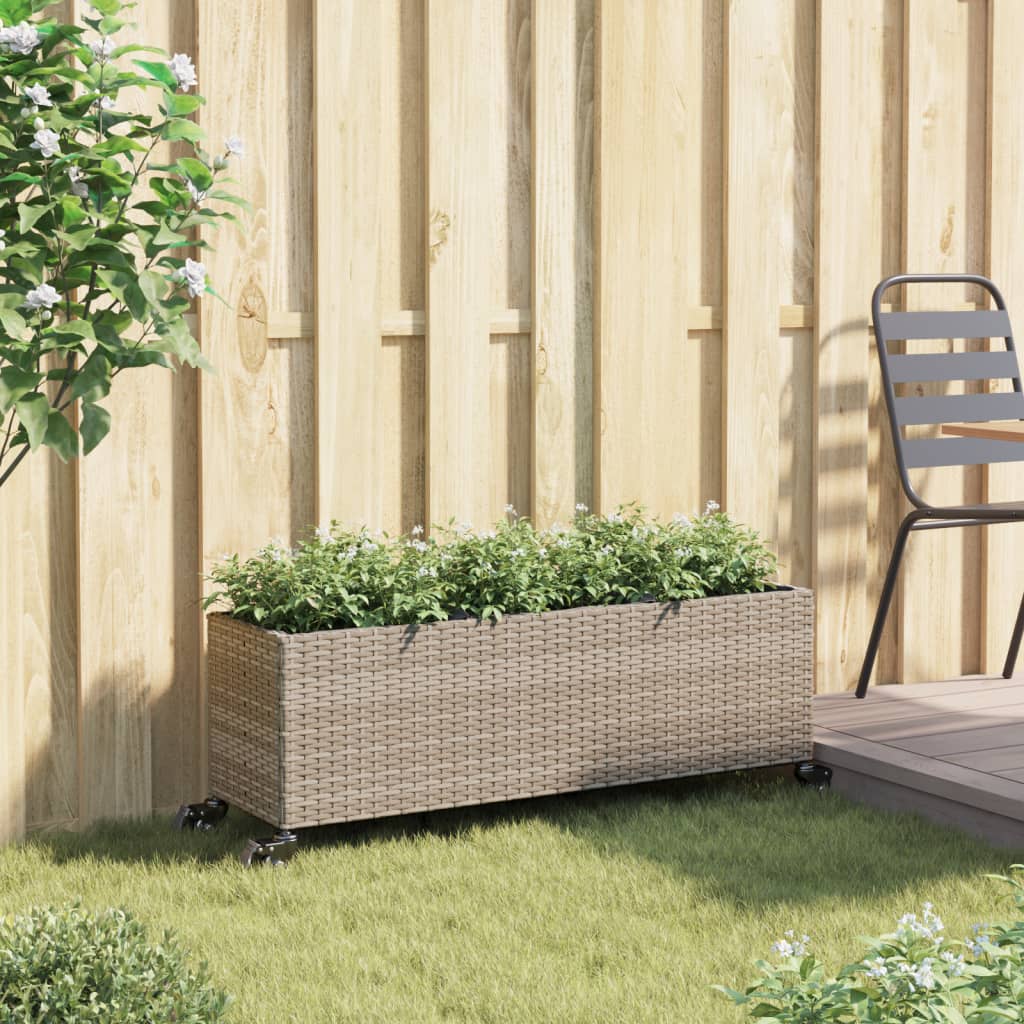 Plantenbak met wielen 3 potten 107x32x38 cm poly rattan grijs