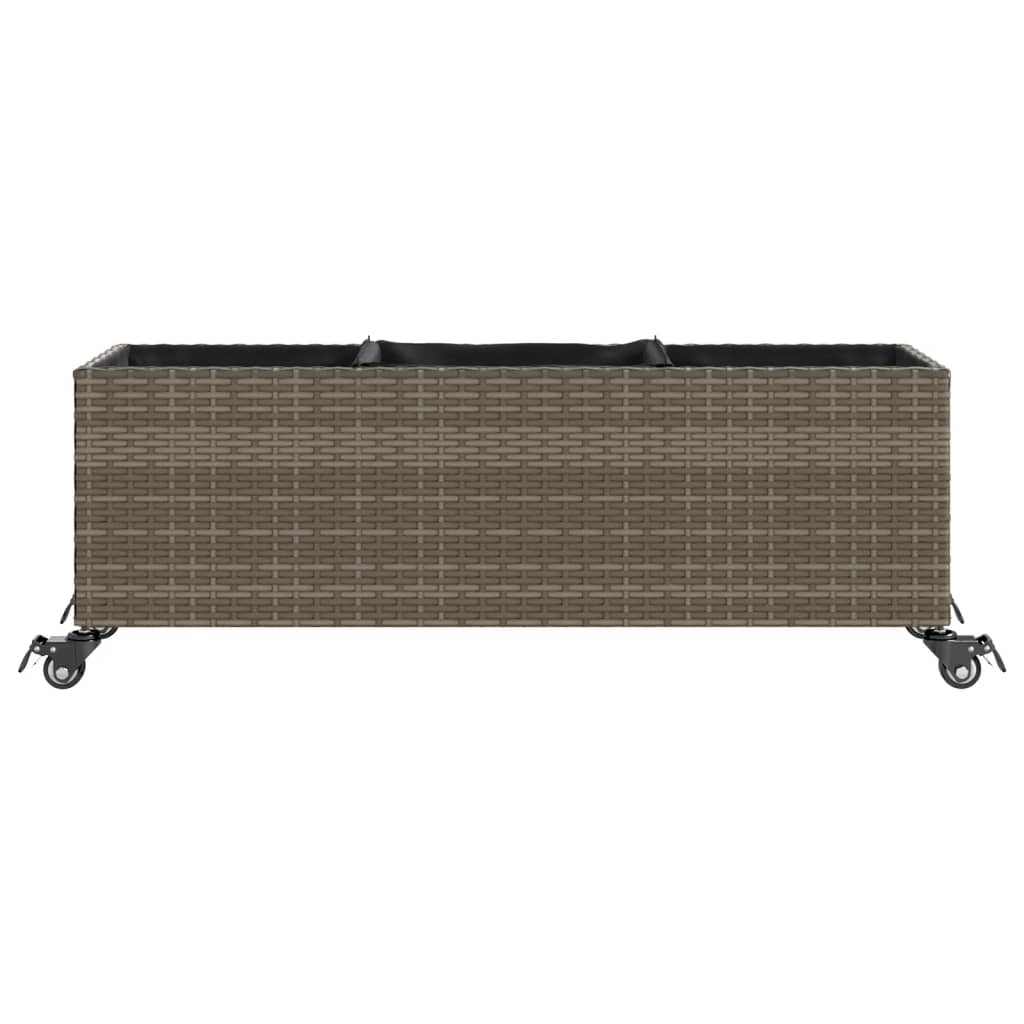 Plantenbak met wielen 3 potten 107x32x38 cm poly rattan grijs