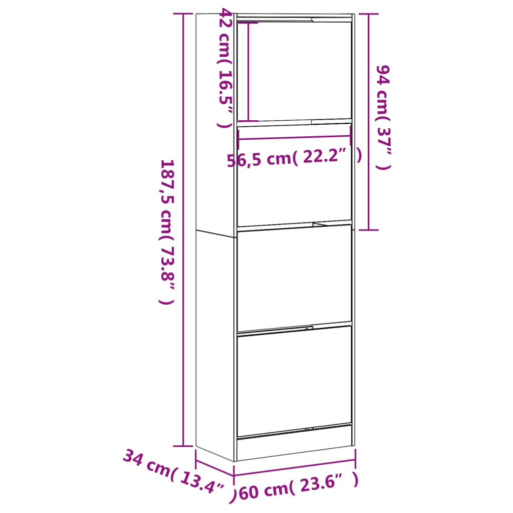 Schoenenkast met 4 klaplades 60x34x187,5 cm wit - AllerleiShop