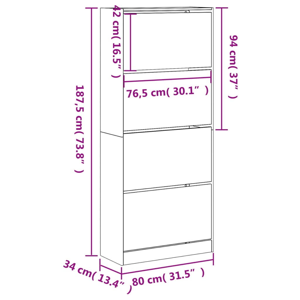 Schoenenkast met 4 klaplades 80x34x187,5 cm wit - AllerleiShop