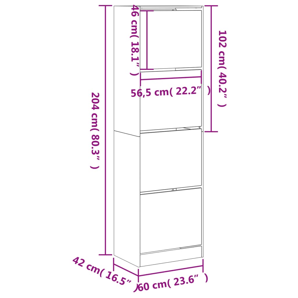 Schoenenkast met 4 klaplades 60x42x204 cm betongrijs - AllerleiShop