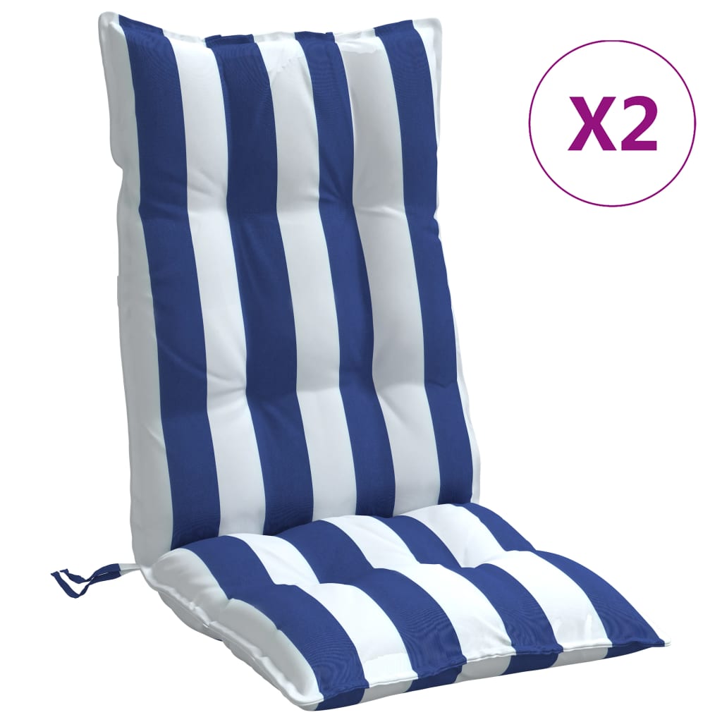 Stoelkussens 2 st hoge rug gestreept stof wit en blauw - AllerleiShop