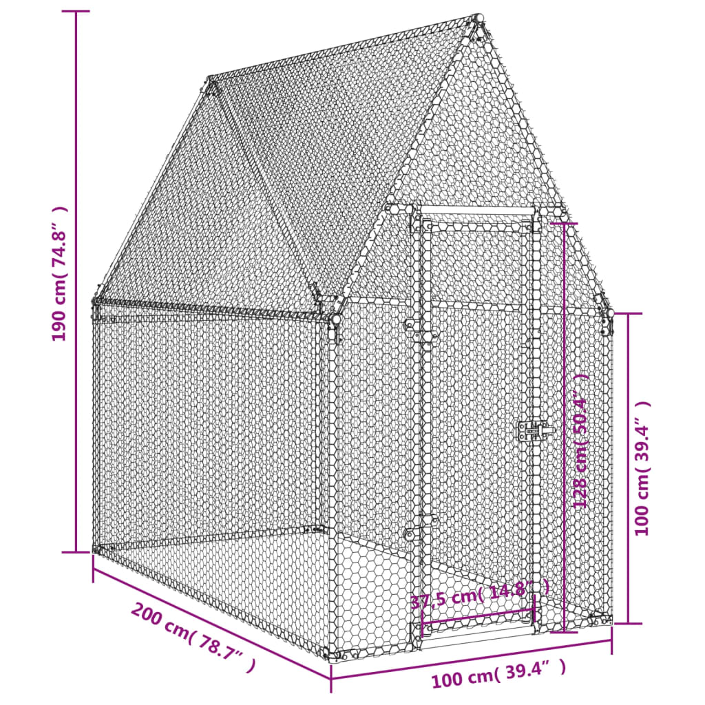 Kippenhok 200x100x190 cm gegalvaniseerd staal zilverkleurig