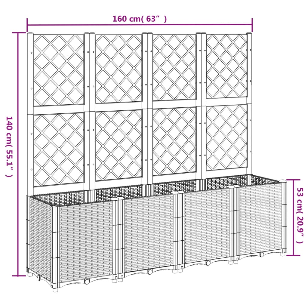 Plantenbak met latwerk 160x40x140 cm polypropeen grijs - AllerleiShop