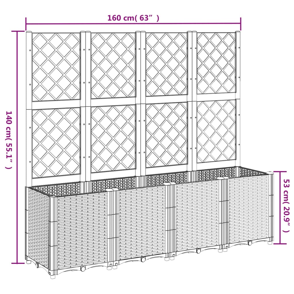 Plantenbak met latwerk 160x40x140 cm polypropeen lichtgrijs - AllerleiShop