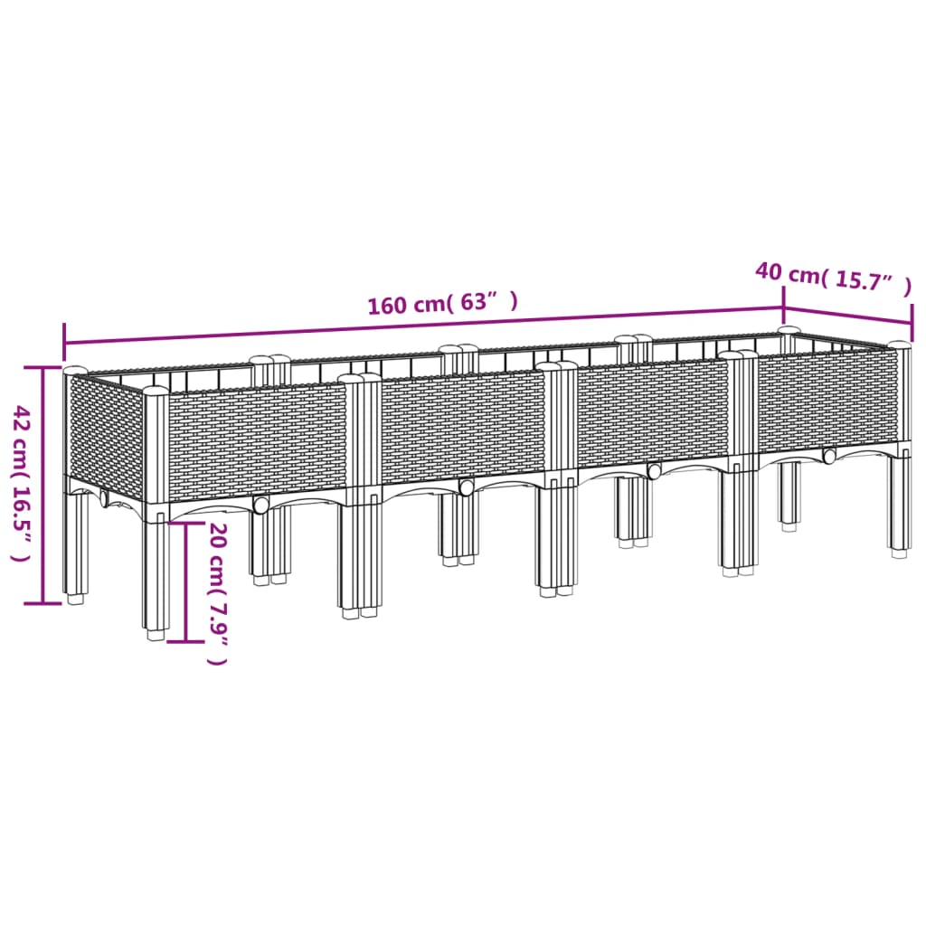 Plantenbak met poten 160x40x42 cm polypropeen grijs - AllerleiShop