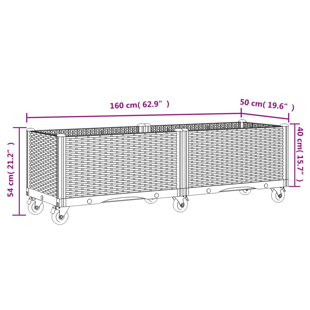 Plantenbak met wielen 160x50x54 cm polypropeen wit - AllerleiShop