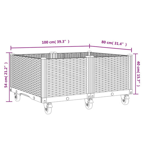 Plantenbak met wielen 100x80x54 cm polypropeen bruin - AllerleiShop