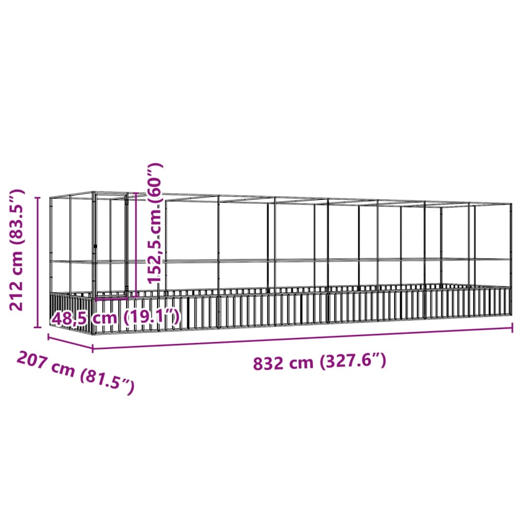 Volière met verlengstuk 832x207x212 m staal zilverkleurig - AllerleiShop