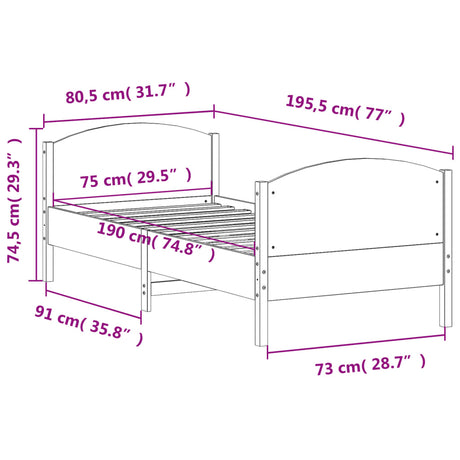 Bedframe zonder matras massief grenenhout wasbruin 75x190 cm