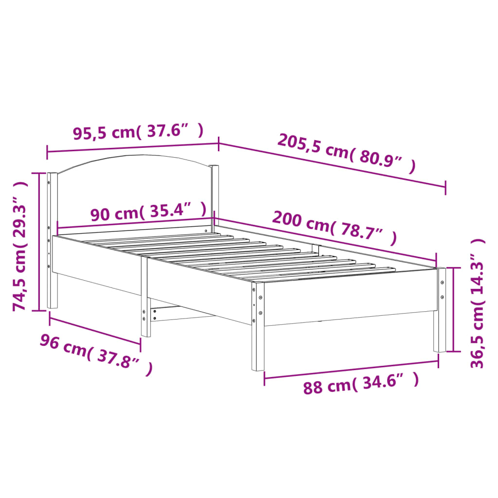 Bedframe zonder matras massief grenenhout 90x200 cm