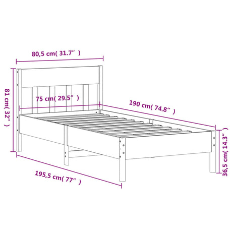 Bedframe zonder matras massief grenenhout wasbruin 75x190 cm