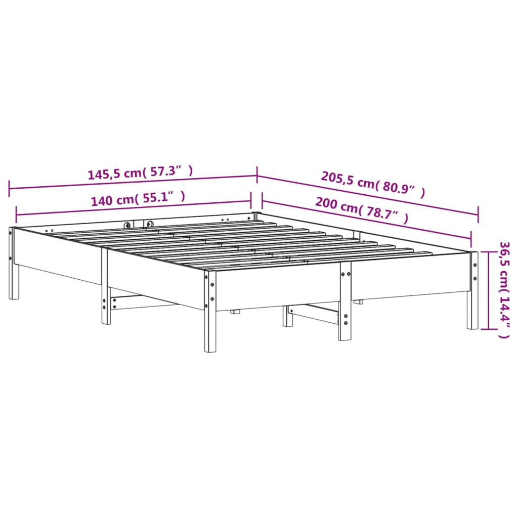Bedframe zonder matras massief grenenhout wasbruin 140x200 cm