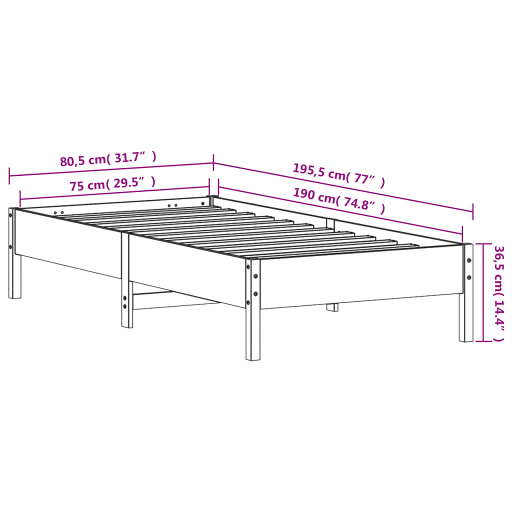 Bedframe zonder matras massief grenenhout wasbruin 75x190 cm