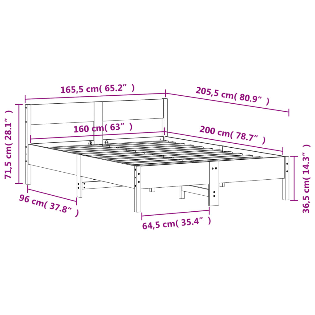 Bedframe zonder matras massief grenenhout 160x200 cm