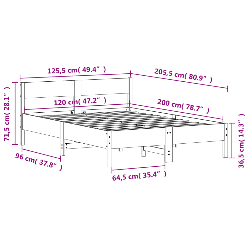 Bedframe zonder matras massief grenenhout 120x200 cm