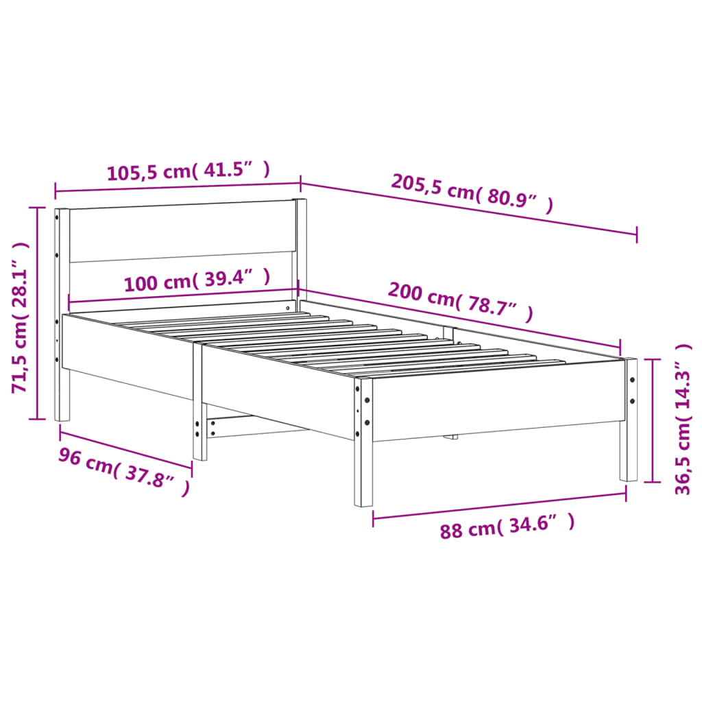 Bedframe zonder matras massief grenenhout wasbruin 100x200 cm