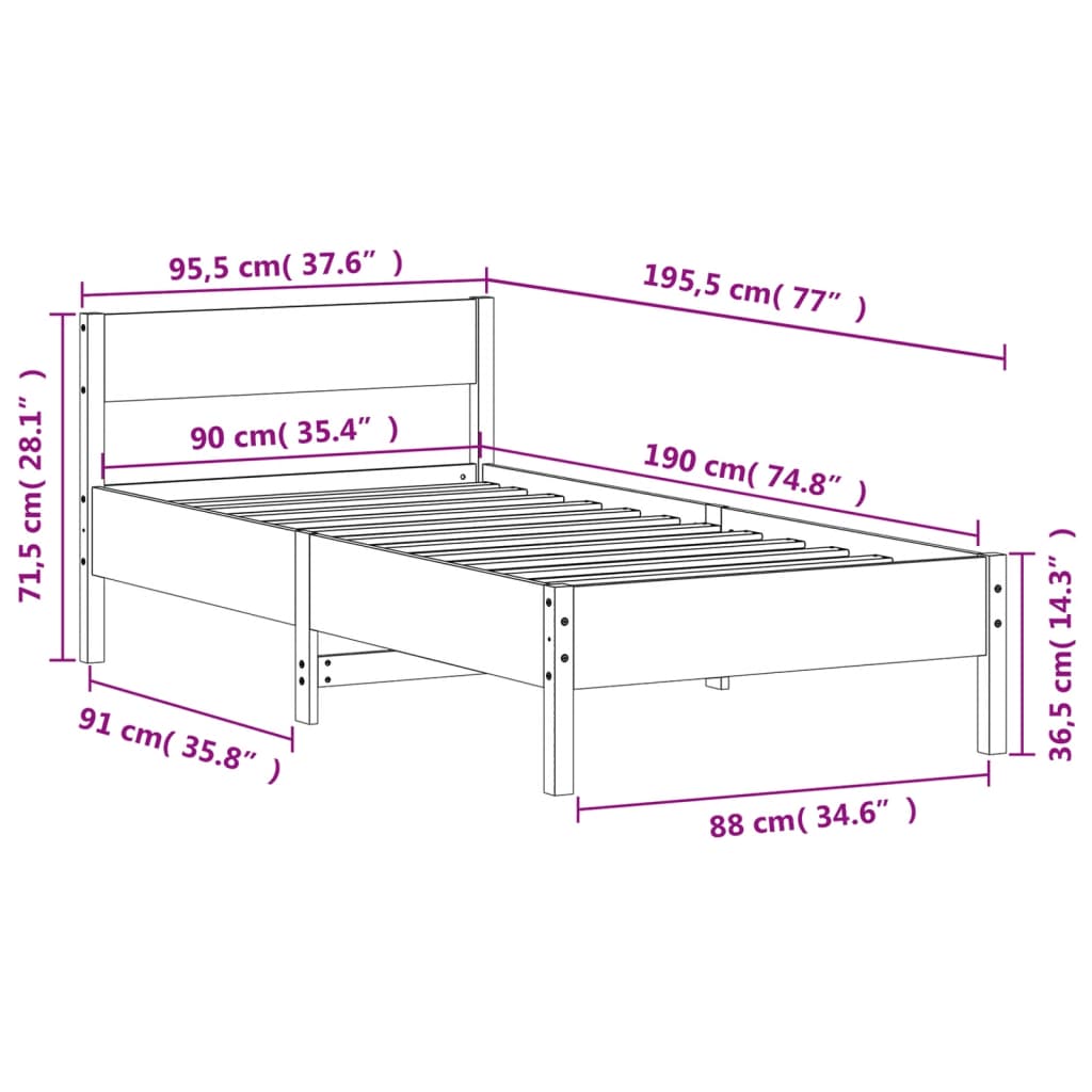 Bedframe zonder matras massief grenenhout wasbruin 90x190 cm
