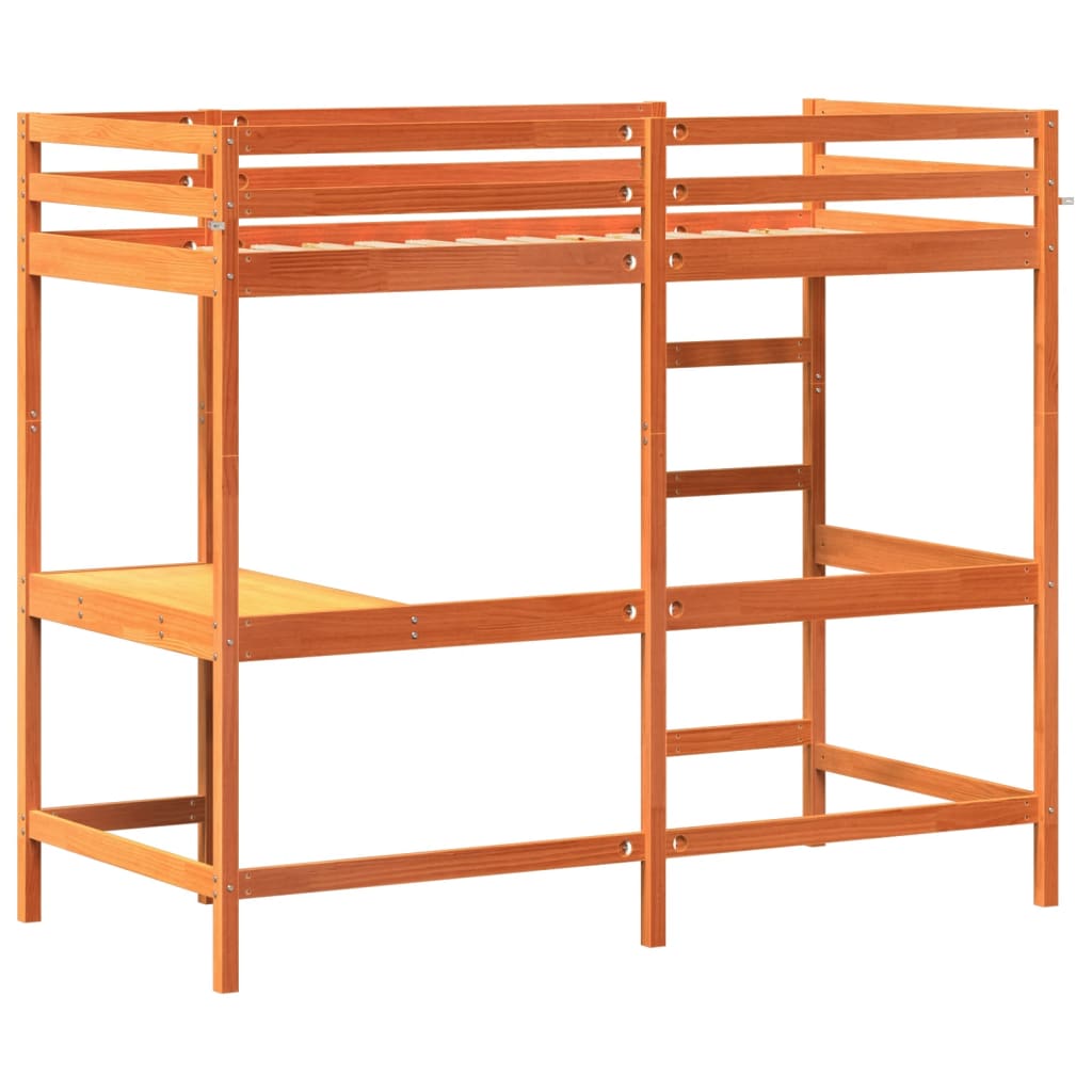 Hoogslaper met bureau massief grenenhout wasbruin 90x200 cm