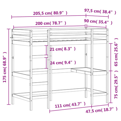 Hoogslaper met bureau massief grenenhout wasbruin 90x200 cm