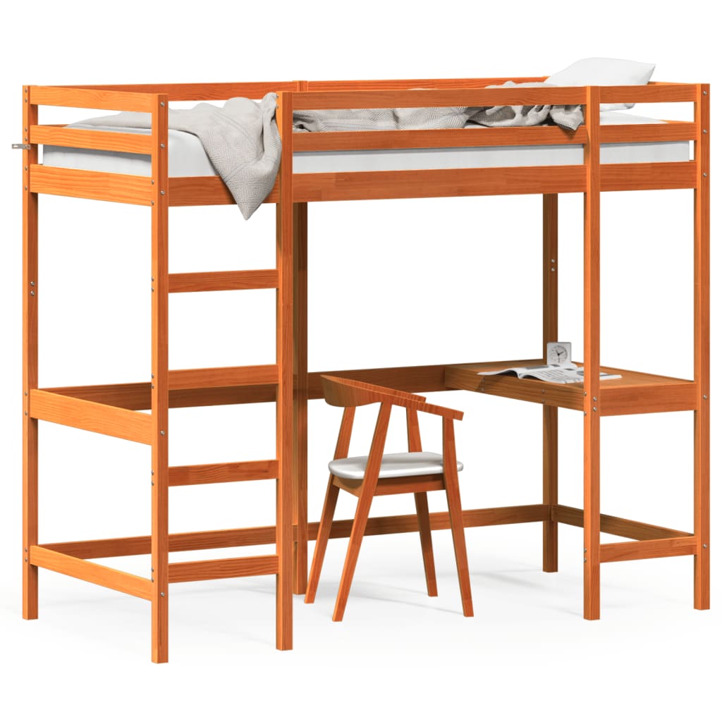 Hoogslaper met bureau massief grenenhout wasbruin 90x200 cm
