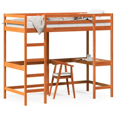Hoogslaper met bureau massief grenenhout wasbruin 90x200 cm