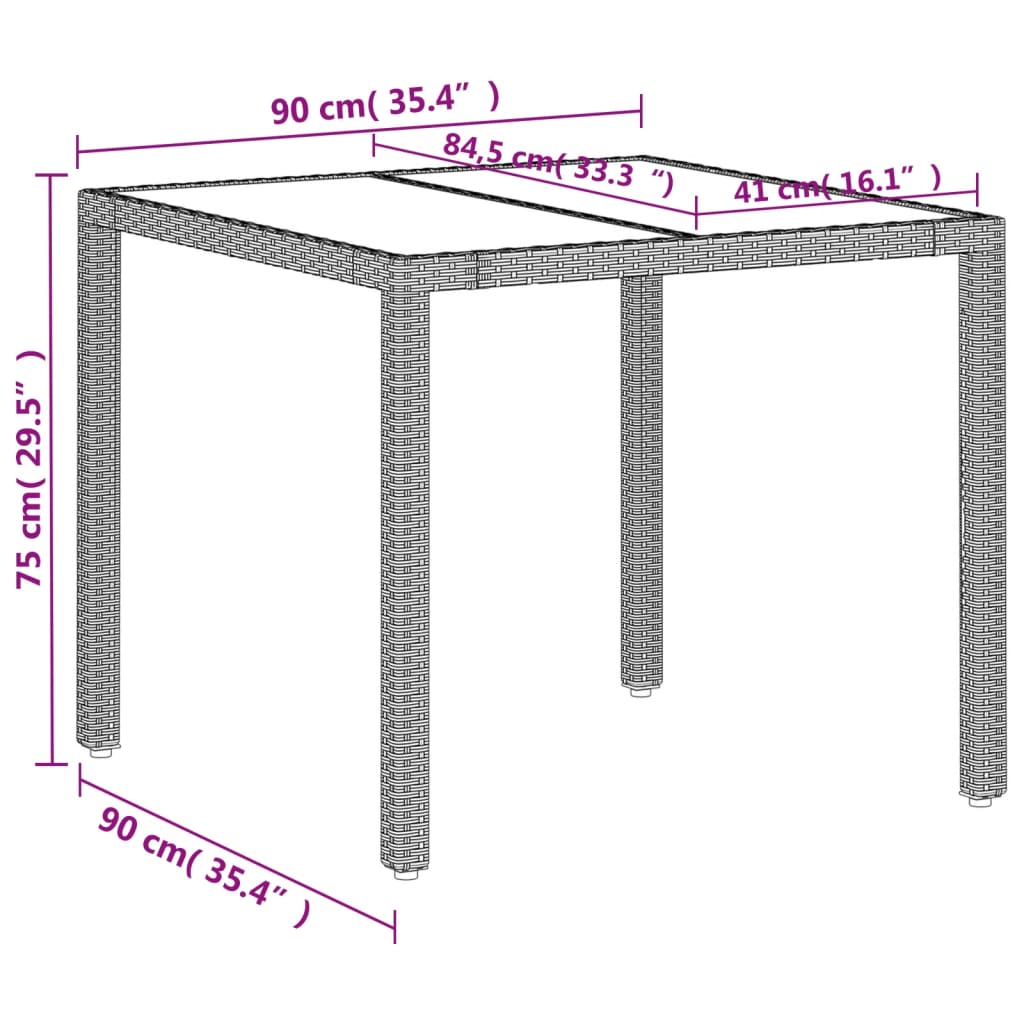 Tuintafel met glazen blad 90x90x75 cm poly rattan lichtgrijs - AllerleiShop