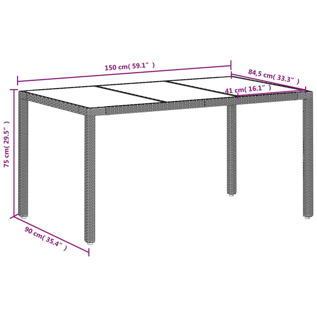 Tuintafel met glazen blad 150x90x75 cm poly rattan lichtgrijs - AllerleiShop